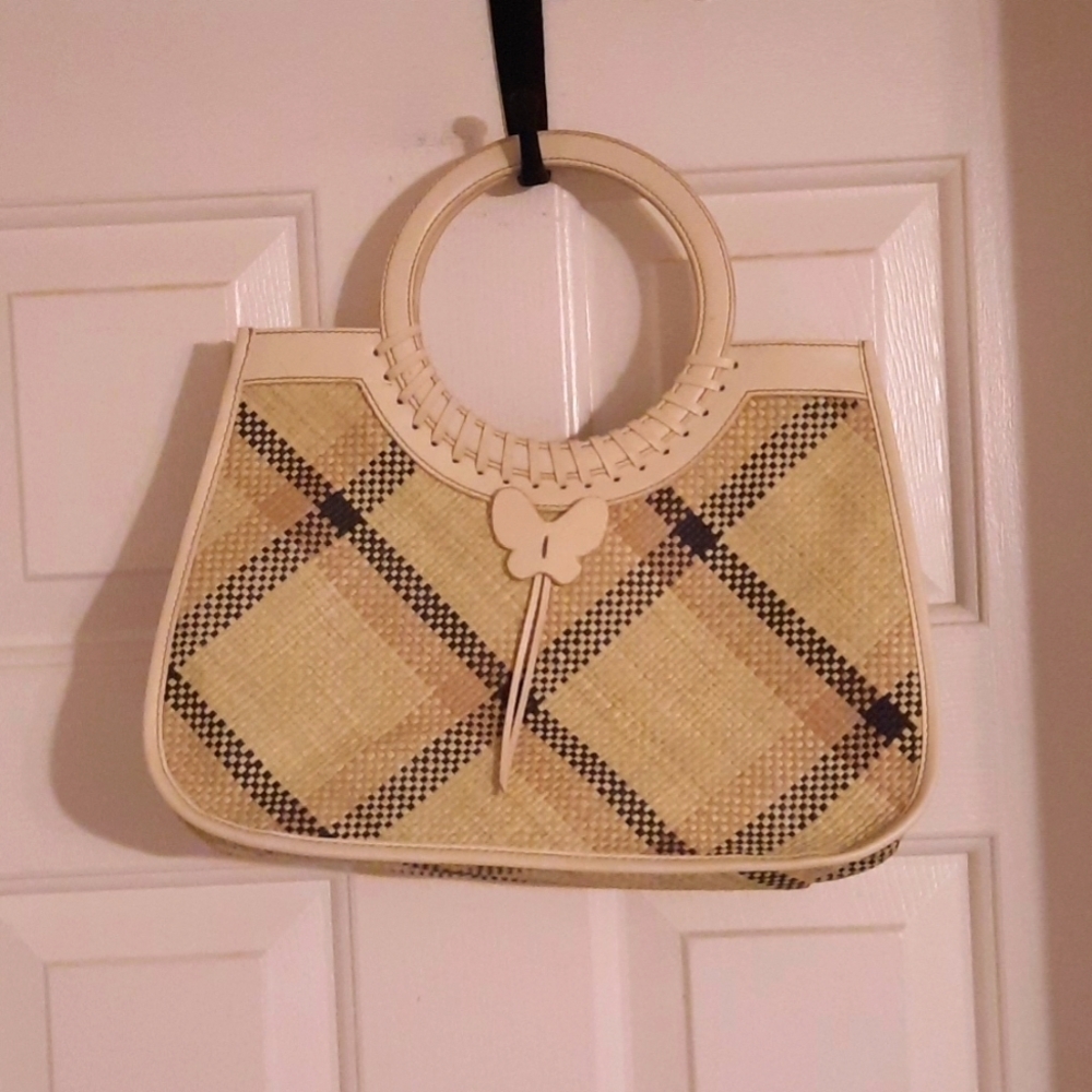 Etienne Agner weave purse black tan,  cream butterfly accent spring summer bag
